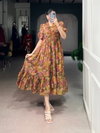 Brown Colour Organza With Floral Print Frock Exporters In India NNK4505